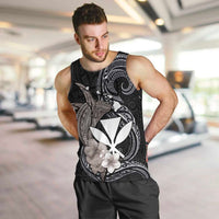 Hawaiian Whale and Kanaka Maoli Symbol Men Tank Top Hibiscus with Hawaii Map and Polynesian Tattoo Grayscale Color LT03 Black - Polynesian Pride