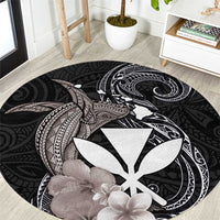 Hawaiian Whale and Kanaka Maoli Symbol Round Carpet Hibiscus with Hawaii Map and Polynesian Tattoo Grayscale Color LT03 Black - Polynesian Pride