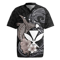 Hawaiian Whale and Kanaka Maoli Symbol Rugby Jersey Hibiscus with Hawaii Map and Polynesian Tattoo Grayscale Color LT03 Black - Polynesian Pride