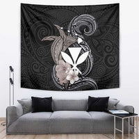 Hawaiian Whale and Kanaka Maoli Symbol Tapestry Hibiscus with Hawaii Map and Polynesian Tattoo Grayscale Color LT03 Black - Polynesian Pride
