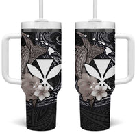 Hawaiian Whale and Kanaka Maoli Symbol Tumbler With Handle Hibiscus with Hawaii Map and Polynesian Tattoo Grayscale Color LT03 One Size: 40 oz Black - Polynesian Pride