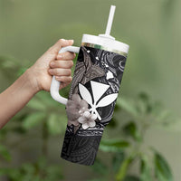 Hawaiian Whale and Kanaka Maoli Symbol Tumbler With Handle Hibiscus with Hawaii Map and Polynesian Tattoo Grayscale Color LT03 - Polynesian Pride