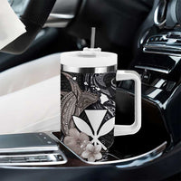 Hawaiian Whale and Kanaka Maoli Symbol Tumbler With Handle Hibiscus with Hawaii Map and Polynesian Tattoo Grayscale Color LT03 - Polynesian Pride