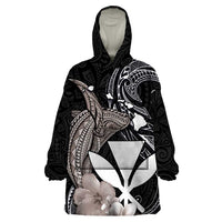 Hawaiian Whale and Kanaka Maoli Symbol Wearable Blanket Hoodie Hibiscus with Hawaii Map and Polynesian Tattoo Grayscale Color LT03 One Size Black - Polynesian Pride