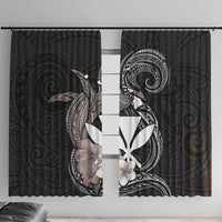 Hawaiian Whale and Kanaka Maoli Symbol Window Curtain Hibiscus with Hawaii Map and Polynesian Tattoo Grayscale Color LT03 With Hooks Black - Polynesian Pride