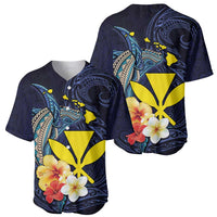 Hawaiian Whale and Kanaka Maoli Symbol Baseball Jersey Hibiscus with Hawaii Map and Polynesian Tattoo Deep Sea Color LT03 - Polynesian Pride