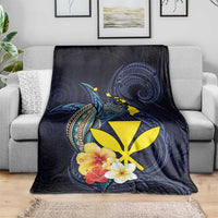 Hawaiian Whale and Kanaka Maoli Symbol Blanket Hibiscus with Hawaii Map and Polynesian Tattoo Deep Sea Color LT03 - Polynesian Pride