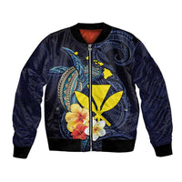 Hawaiian Whale and Kanaka Maoli Symbol Bomber Jacket Hibiscus with Hawaii Map and Polynesian Tattoo Deep Sea Color LT03 Unisex Blue - Polynesian Pride