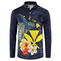 Hawaiian Whale and Kanaka Maoli Symbol Button Sweatshirt Hibiscus with Hawaii Map and Polynesian Tattoo Deep Sea Color LT03 Blue - Polynesian Pride