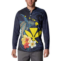 Hawaiian Whale and Kanaka Maoli Symbol Button Sweatshirt Hibiscus with Hawaii Map and Polynesian Tattoo Deep Sea Color LT03 - Polynesian Pride