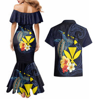 Hawaiian Whale and Kanaka Maoli Symbol Couples Matching Mermaid Dress and Hawaiian Shirt Hibiscus with Hawaii Map and Polynesian Tattoo Deep Sea Color LT03 - Polynesian Pride