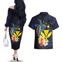 Hawaiian Whale and Kanaka Maoli Symbol Couples Matching Off The Shoulder Long Sleeve Dress and Hawaiian Shirt Hibiscus with Hawaii Map and Polynesian Tattoo Deep Sea Color LT03 - Polynesian Pride