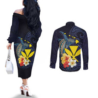 Hawaiian Whale and Kanaka Maoli Symbol Couples Matching Off The Shoulder Long Sleeve Dress and Long Sleeve Button Shirt Hibiscus with Hawaii Map and Polynesian Tattoo Deep Sea Color LT03 - Polynesian Pride