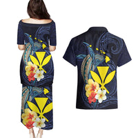 Hawaiian Whale and Kanaka Maoli Symbol Couples Matching Puletasi and Hawaiian Shirt Hibiscus with Hawaii Map and Polynesian Tattoo Deep Sea Color LT03 - Polynesian Pride