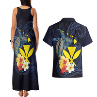 Hawaiian Whale and Kanaka Maoli Symbol Couples Matching Tank Maxi Dress and Hawaiian Shirt Hibiscus with Hawaii Map and Polynesian Tattoo Deep Sea Color LT03 - Polynesian Pride