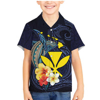 Hawaiian Whale and Kanaka Maoli Symbol Family Matching Mermaid Dress and Hawaiian Shirt Hibiscus with Hawaii Map and Polynesian Tattoo Deep Sea Color LT03 Son's Shirt Blue - Polynesian Pride