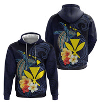 Hawaiian Whale and Kanaka Maoli Symbol Hoodie Hibiscus with Hawaii Map and Polynesian Tattoo Deep Sea Color LT03 - Polynesian Pride