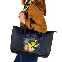 Hawaiian Whale and Kanaka Maoli Symbol Leather Tote Bag Hibiscus with Hawaii Map and Polynesian Tattoo Deep Sea Color LT03 Blue - Polynesian Pride