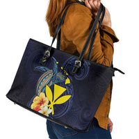 Hawaiian Whale and Kanaka Maoli Symbol Leather Tote Bag Hibiscus with Hawaii Map and Polynesian Tattoo Deep Sea Color LT03 - Polynesian Pride