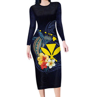 Hawaiian Whale and Kanaka Maoli Symbol Long Sleeve Bodycon Dress Hibiscus with Hawaii Map and Polynesian Tattoo Deep Sea Color LT03 Long Dress Blue - Polynesian Pride