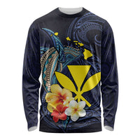 Hawaiian Whale and Kanaka Maoli Symbol Long Sleeve Shirt Hibiscus with Hawaii Map and Polynesian Tattoo Deep Sea Color LT03 Unisex Blue - Polynesian Pride