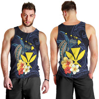Hawaiian Whale and Kanaka Maoli Symbol Men Tank Top Hibiscus with Hawaii Map and Polynesian Tattoo Deep Sea Color LT03 - Polynesian Pride