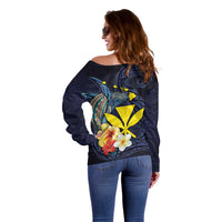 Hawaiian Whale and Kanaka Maoli Symbol Off Shoulder Sweater Hibiscus with Hawaii Map and Polynesian Tattoo Deep Sea Color LT03 - Polynesian Pride