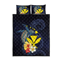 Hawaiian Whale and Kanaka Maoli Symbol Quilt Bed Set Hibiscus with Hawaii Map and Polynesian Tattoo Deep Sea Color LT03 - Polynesian Pride