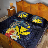 Hawaiian Whale and Kanaka Maoli Symbol Quilt Bed Set Hibiscus with Hawaii Map and Polynesian Tattoo Deep Sea Color LT03 - Polynesian Pride