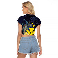 Hawaiian Whale and Kanaka Maoli Symbol Raglan Cropped T Shirt Hibiscus with Hawaii Map and Polynesian Tattoo Deep Sea Color LT03 - Polynesian Pride