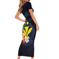 Hawaiian Whale and Kanaka Maoli Symbol Short Sleeve Bodycon Dress Hibiscus with Hawaii Map and Polynesian Tattoo Deep Sea Color LT03 - Polynesian Pride