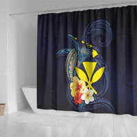 Hawaiian Whale and Kanaka Maoli Symbol Shower Curtain Hibiscus with Hawaii Map and Polynesian Tattoo Deep Sea Color LT03 - Polynesian Pride