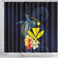 Hawaiian Whale and Kanaka Maoli Symbol Shower Curtain Hibiscus with Hawaii Map and Polynesian Tattoo Deep Sea Color LT03 - Polynesian Pride