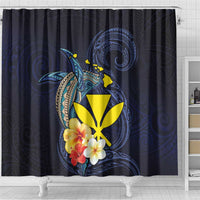 Hawaiian Whale and Kanaka Maoli Symbol Shower Curtain Hibiscus with Hawaii Map and Polynesian Tattoo Deep Sea Color LT03 - Polynesian Pride