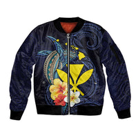 Hawaiian Whale and Kanaka Maoli Symbol Sleeve Zip Bomber Jacket Hibiscus with Hawaii Map and Polynesian Tattoo Deep Sea Color LT03 Unisex Blue - Polynesian Pride