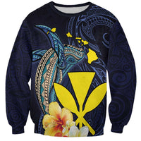 Hawaiian Whale and Kanaka Maoli Symbol Sweatshirt Hibiscus with Hawaii Map and Polynesian Tattoo Deep Sea Color LT03 Unisex Blue - Polynesian Pride