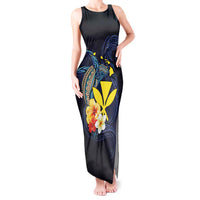 Hawaiian Whale and Kanaka Maoli Symbol Tank Maxi Dress Hibiscus with Hawaii Map and Polynesian Tattoo Deep Sea Color LT03 Women Blue - Polynesian Pride