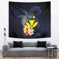 Hawaiian Whale and Kanaka Maoli Symbol Tapestry Hibiscus with Hawaii Map and Polynesian Tattoo Deep Sea Color LT03 Blue - Polynesian Pride