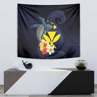 Hawaiian Whale and Kanaka Maoli Symbol Tapestry Hibiscus with Hawaii Map and Polynesian Tattoo Deep Sea Color LT03 - Polynesian Pride