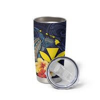 Hawaiian Whale and Kanaka Maoli Symbol Tumbler Cup Hibiscus with Hawaii Map and Polynesian Tattoo Deep Sea Color LT03 - Polynesian Pride