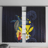 Hawaiian Whale and Kanaka Maoli Symbol Window Curtain Hibiscus with Hawaii Map and Polynesian Tattoo Deep Sea Color LT03 With Hooks Blue - Polynesian Pride