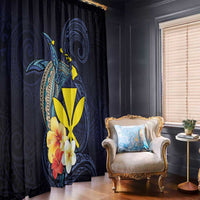 Hawaiian Whale and Kanaka Maoli Symbol Window Curtain Hibiscus with Hawaii Map and Polynesian Tattoo Deep Sea Color LT03 - Polynesian Pride