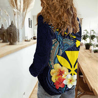Hawaiian Whale and Kanaka Maoli Symbol Women Casual Shirt Hibiscus with Hawaii Map and Polynesian Tattoo Deep Sea Color LT03 - Polynesian Pride