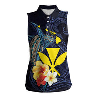 Hawaiian Whale and Kanaka Maoli Symbol Women Sleeveless Polo Shirt Hibiscus with Hawaii Map and Polynesian Tattoo Deep Sea Color LT03 Female Blue - Polynesian Pride