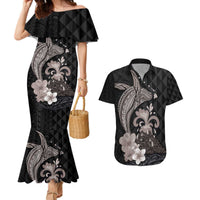 Hawaiian Whale and Volcanic Eruption Couples Matching Mermaid Dress and Hawaiian Shirt Hibiscus and Kakau Pattern Grayscale Color LT03 Black - Polynesian Pride