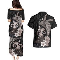 Hawaiian Whale and Volcanic Eruption Couples Matching Puletasi and Hawaiian Shirt Hibiscus and Kakau Pattern Grayscale Color LT03 - Polynesian Pride