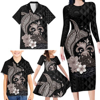 Hawaiian Whale and Volcanic Eruption Family Matching Long Sleeve Bodycon Dress and Hawaiian Shirt Hibiscus and Kakau Pattern Grayscale Color LT03 - Polynesian Pride