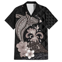 Hawaiian Whale and Volcanic Eruption Family Matching Off The Shoulder Long Sleeve Dress and Hawaiian Shirt Hibiscus and Kakau Pattern Grayscale Color LT03 Dad's Shirt - Short Sleeve Black - Polynesian Pride