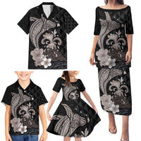 Hawaiian Whale and Volcanic Eruption Family Matching Puletasi and Hawaiian Shirt Hibiscus and Kakau Pattern Grayscale Color LT03 - Polynesian Pride