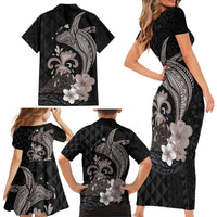 Hawaiian Whale and Volcanic Eruption Family Matching Short Sleeve Bodycon Dress and Hawaiian Shirt Hibiscus and Kakau Pattern Grayscale Color LT03 - Polynesian Pride